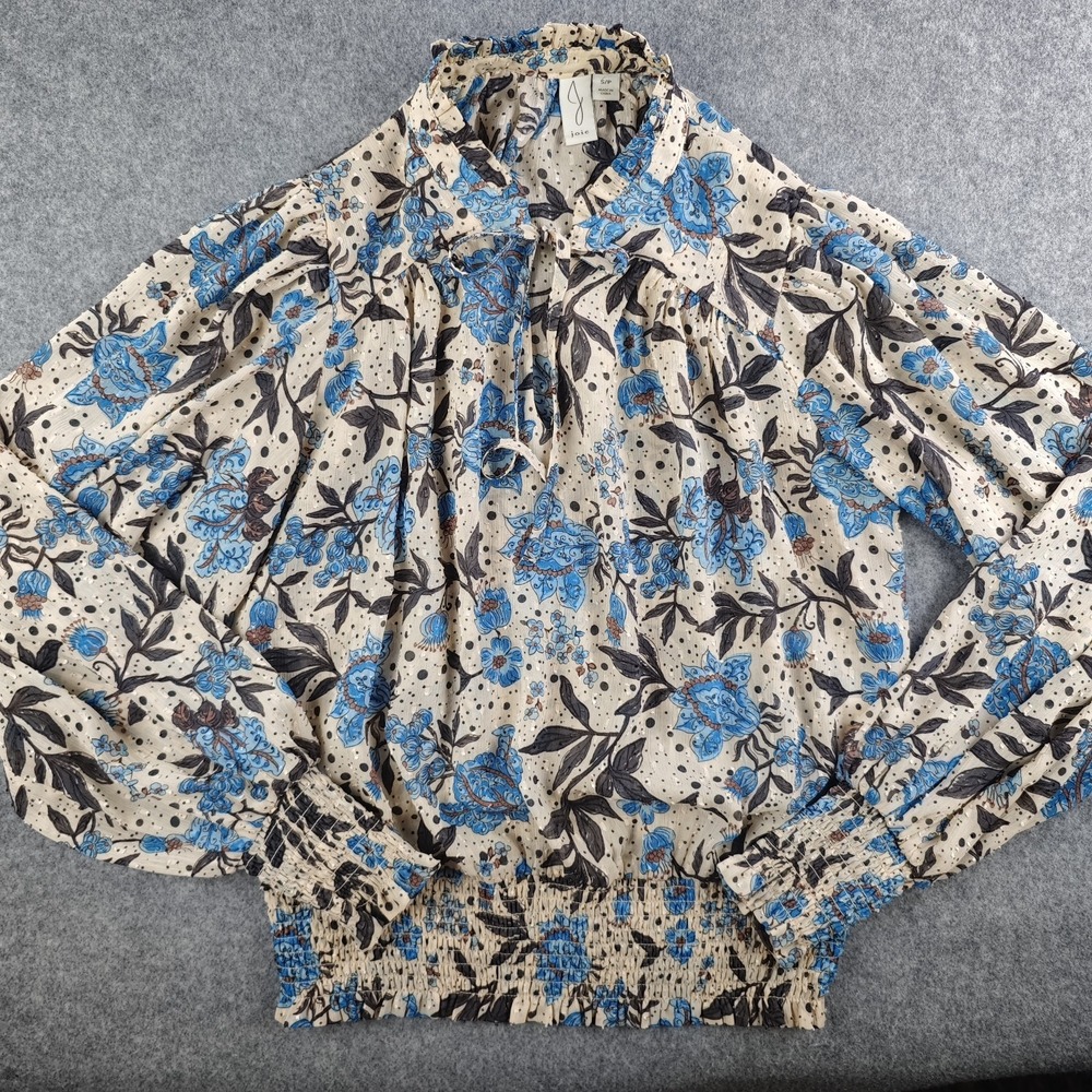 Joie Boho Blouse Women's Small Blue Floral Smocked Ruffle Tie Neck‎ Long Sleeve